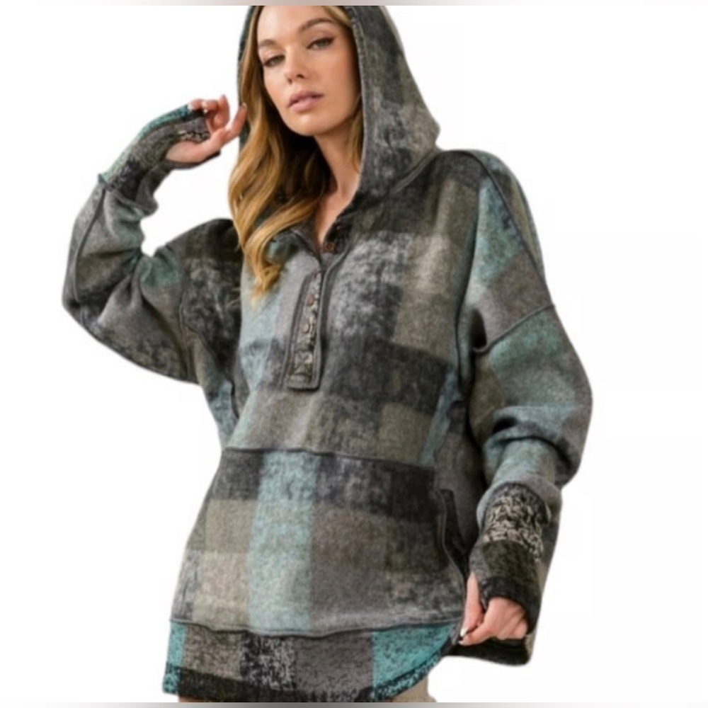 BiBi Dropped Shoulder Plaid Hooded Pullover - Picture 3 of 15